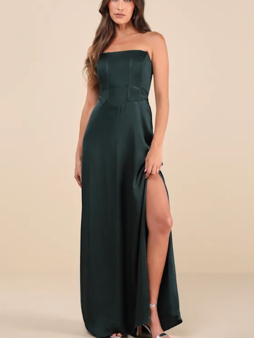 Lulu's Dark Emerald Strapless Satin Gown with High Slit